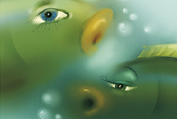 Représentation artistique de signe du zodiaque Poissons sous la forme de deux poissons.